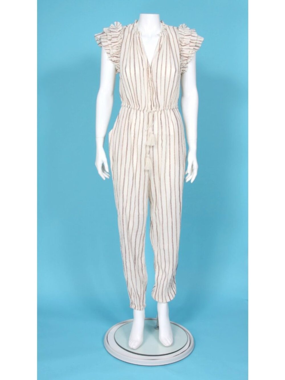 ULLA JOHNSON Elio Metallic Lurex Stripe Ruffle Drawstring Pant Jumpsuit sz 2 121